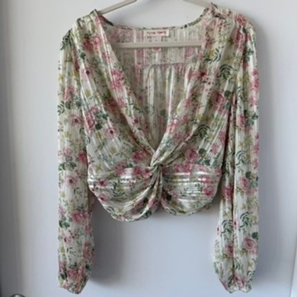 Flying Tomato Floral Twist Front Metallic Stripe Long Sleeve going out Blouse L